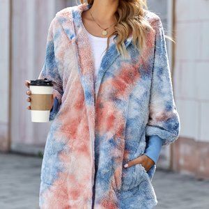 Tie Dye Soft Fleece Hooded Open Front Sweater Coat